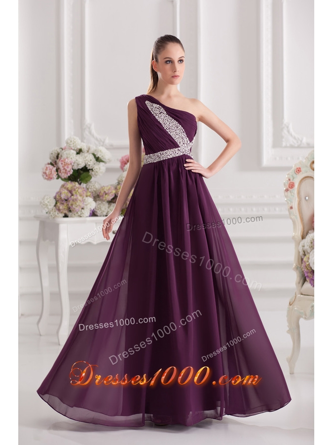 Empire One Shoulder Floor-length Beading Ruching Purple Prom Dress