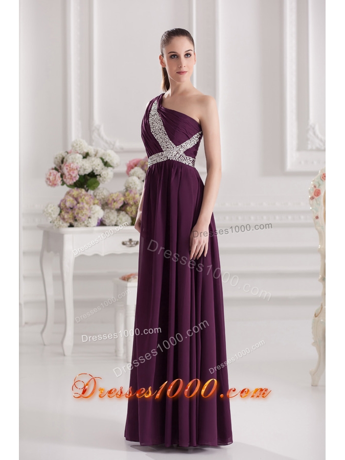 Empire One Shoulder Floor-length Beading Ruching Purple Prom Dress
