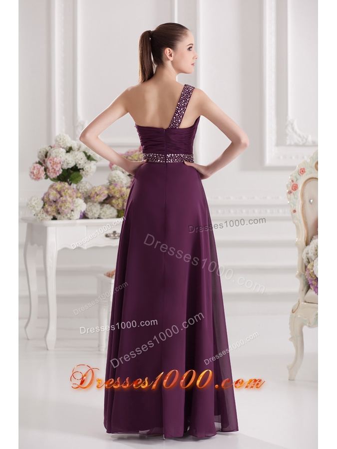 Empire One Shoulder Floor-length Beading Ruching Purple Prom Dress