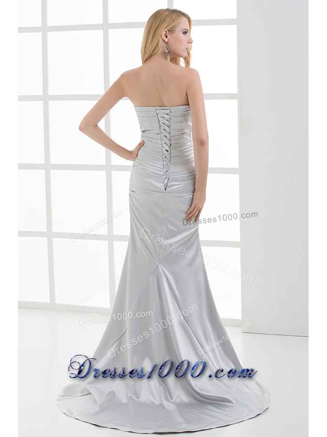 Mermaid Strapless Beading and Ruching Brush Train White Prom Dress