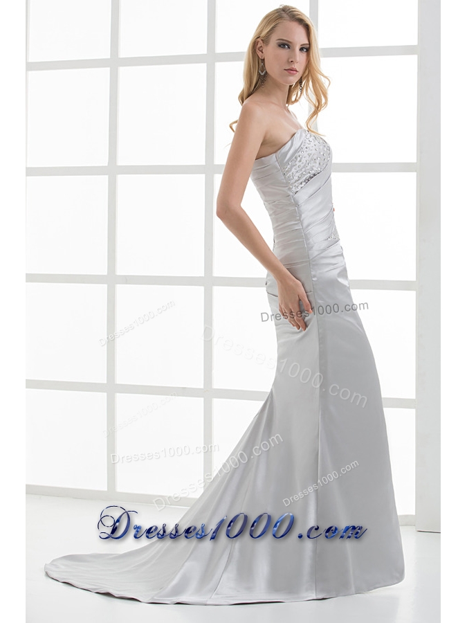 Mermaid Strapless Beading and Ruching Brush Train White Prom Dress