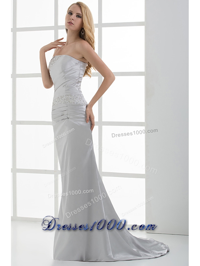 Mermaid Strapless Beading and Ruching Brush Train White Prom Dress