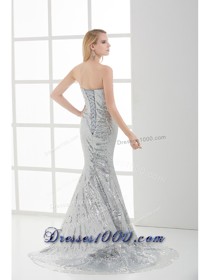 Sweetheart Sleeveless Silver Mermaid Brush Train Prom Dress with Sequins