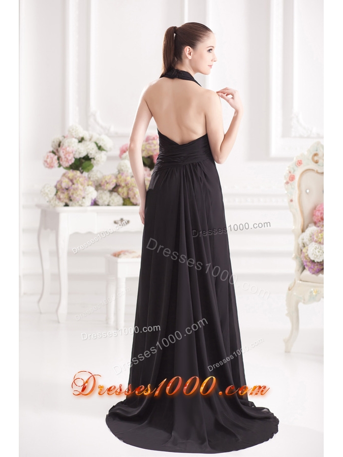 A-line Halter Top Floor-length Chiffon Black High Slit Prom Dress