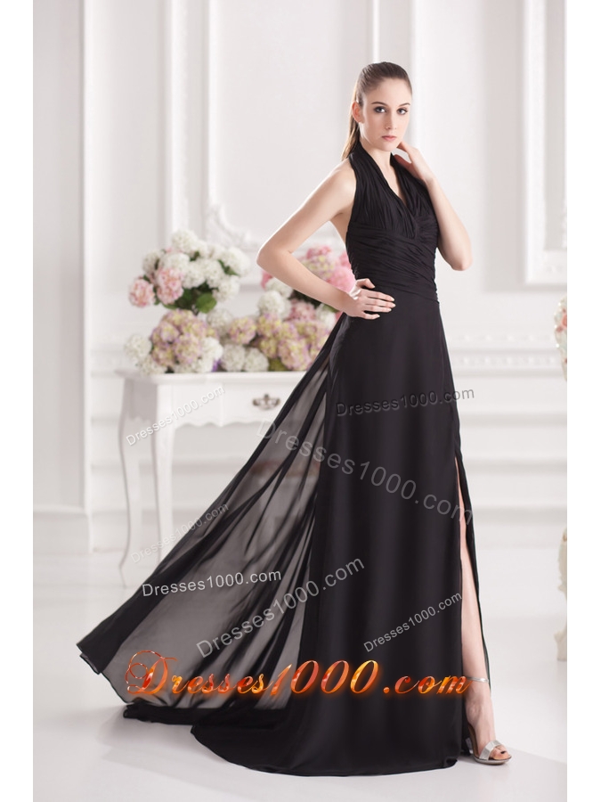 A-line Halter Top Floor-length Chiffon Black High Slit Prom Dress