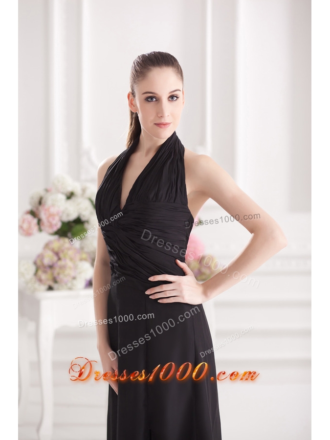 A-line Halter Top Floor-length Chiffon Black High Slit Prom Dress