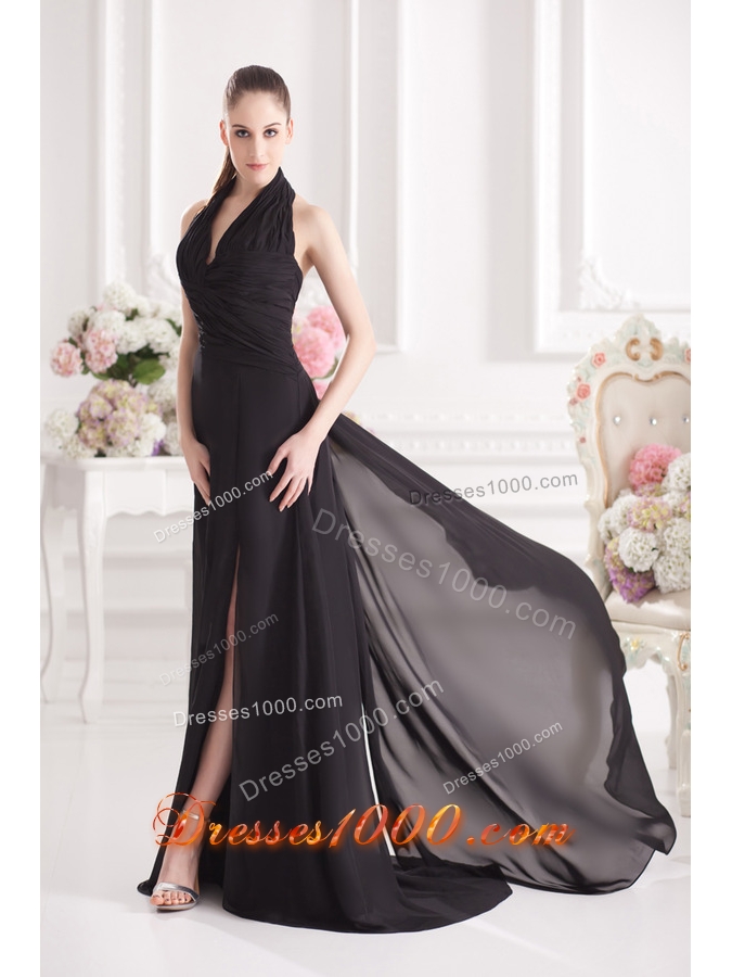 A-line Halter Top Floor-length Chiffon Black High Slit Prom Dress