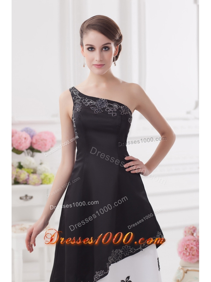 A-line One Shoulder Embroidery Black and White Ankle-length Prom Dress