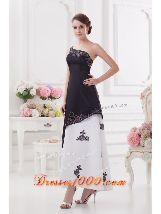 A-line One Shoulder Embroidery Black and White Ankle-length Prom Dress
