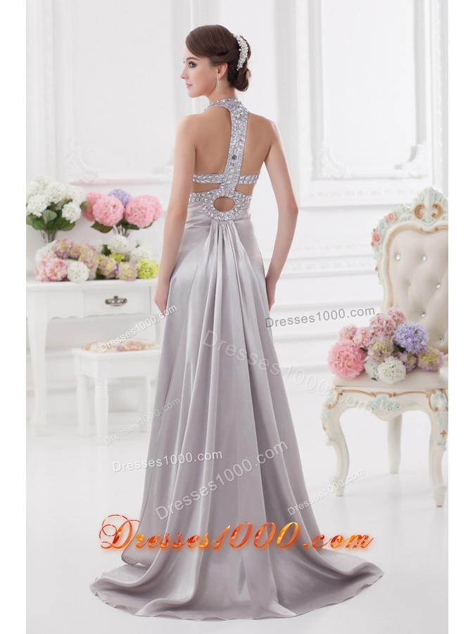 Column Halter top High Slit Beading Prom Dress in Light Grey