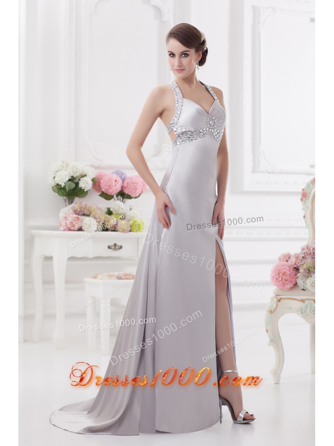 Column Halter top High Slit Beading Prom Dress in Light Grey