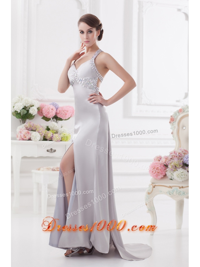 Column Halter top High Slit Beading Prom Dress in Light Grey