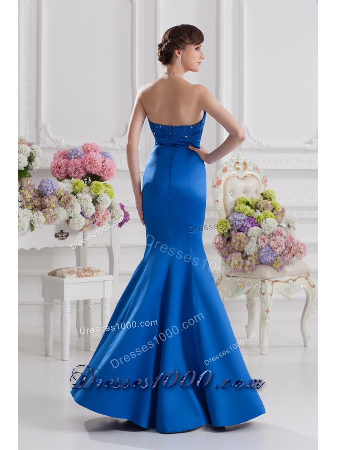 Mermaid Strapless Blue Prom Dress with Ruching and Beading