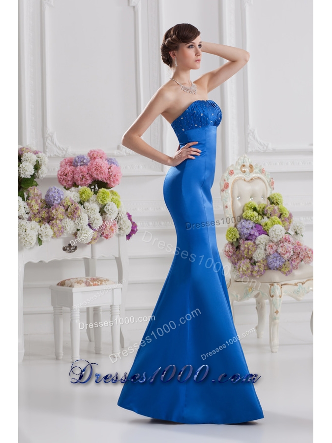 Mermaid Strapless Blue Prom Dress with Ruching and Beading