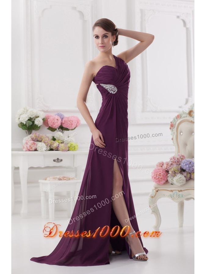 One Shoulder Empire Ruching and High Slit Backless Prom Dres