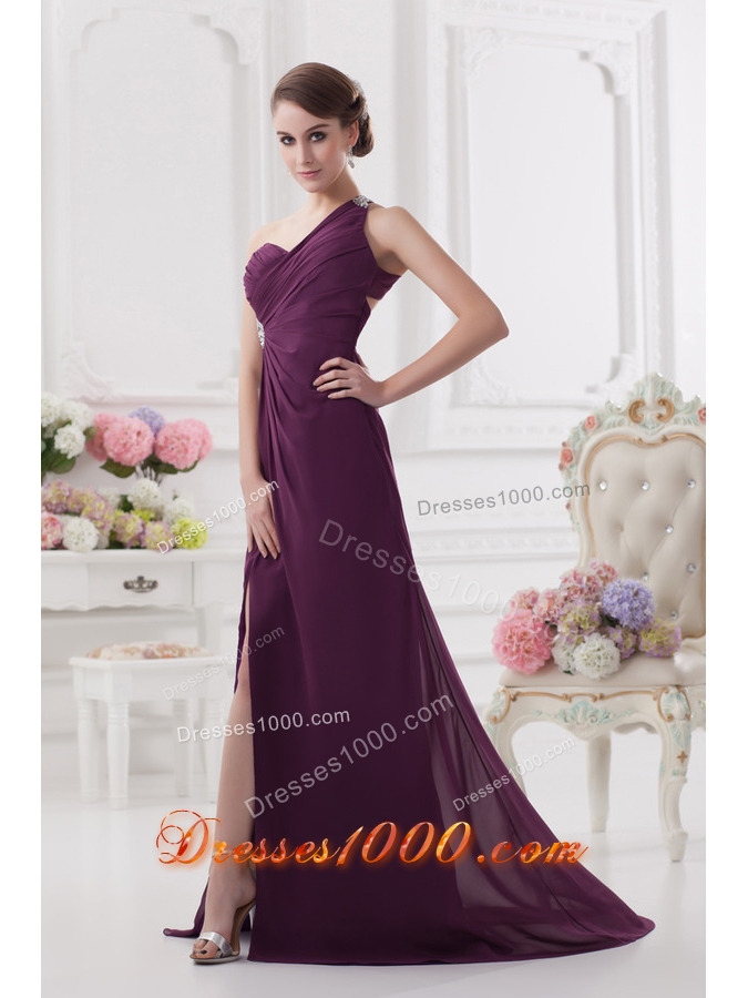 One Shoulder Empire Ruching and High Slit Backless Prom Dres