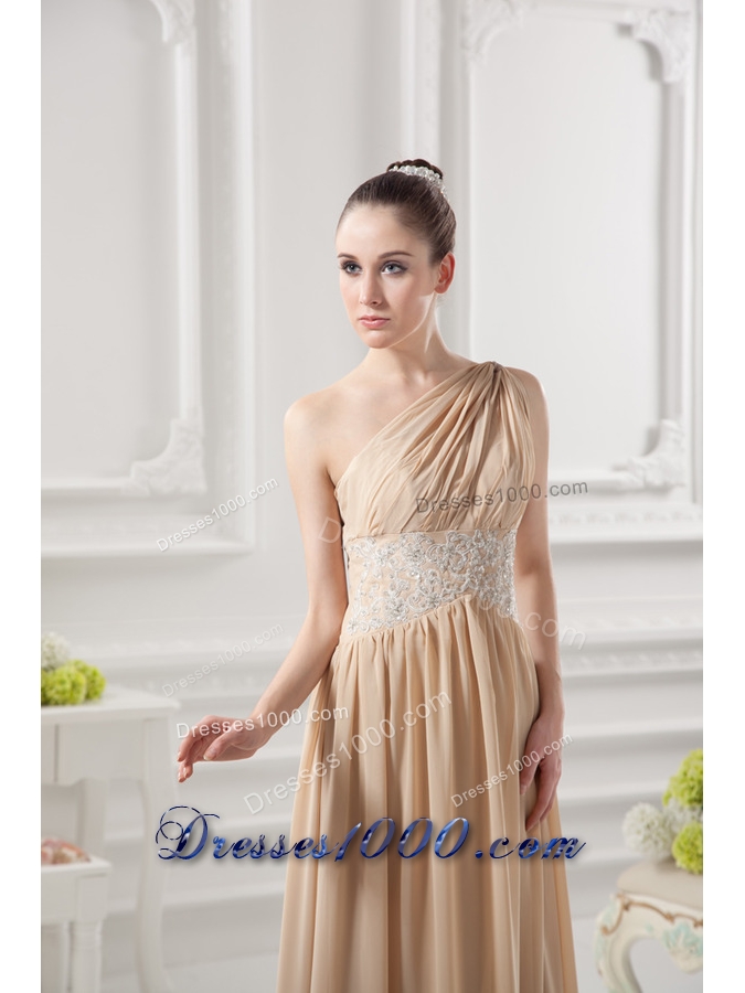 One Shoulder Ruching and Appliques Chiffon Prom Dress