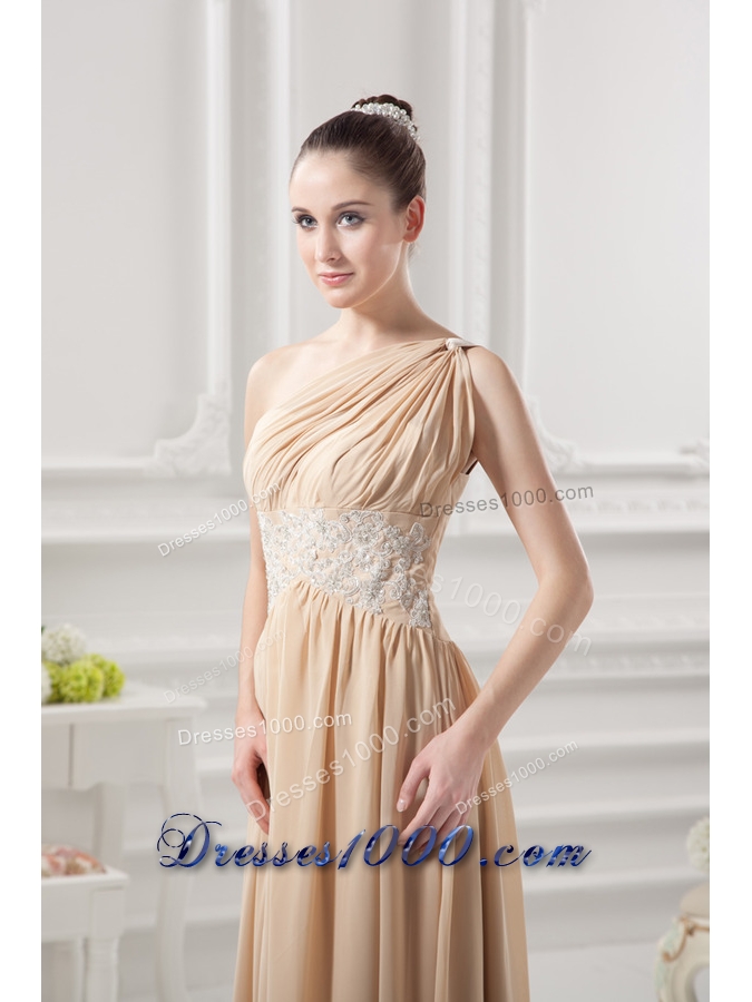 One Shoulder Ruching and Appliques Chiffon Prom Dress