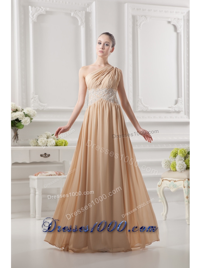 One Shoulder Ruching and Appliques Chiffon Prom Dress