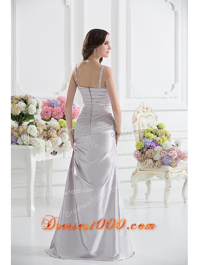 Silver Column V-neck Satin Prom Dress with Ruching and Beading