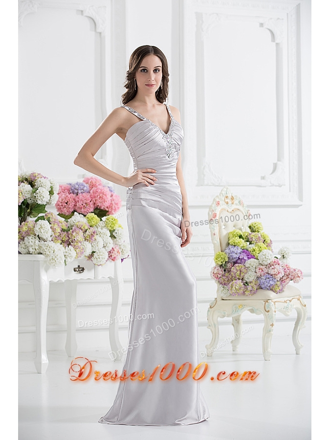 Silver Column V-neck Satin Prom Dress with Ruching and Beading