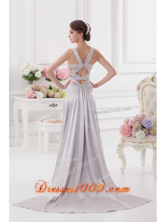Straps High Slit Criss Cross Watteau Train Prom Dress in Light Grey