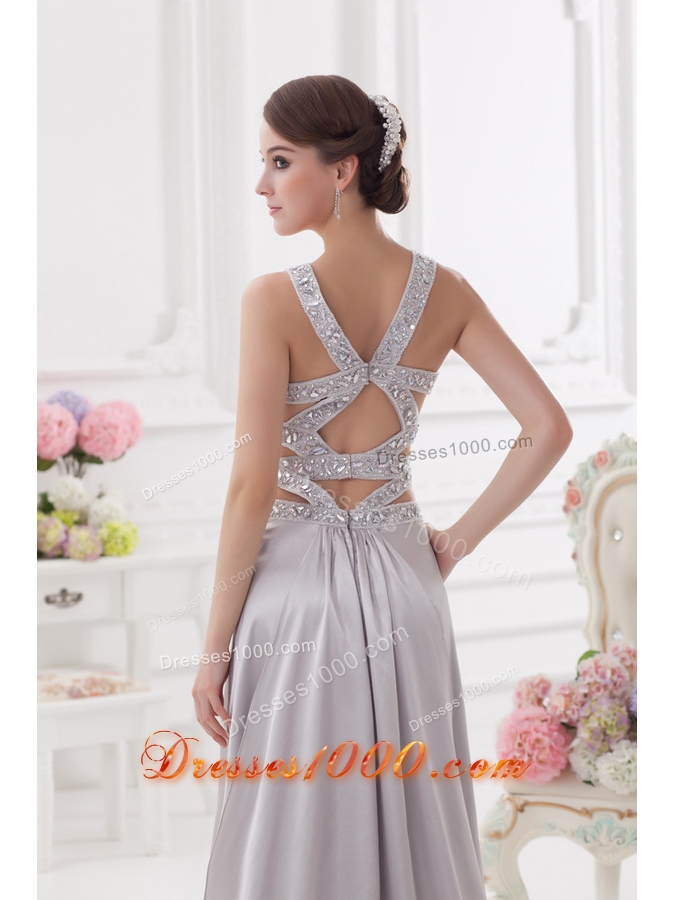 Straps High Slit Criss Cross Watteau Train Prom Dress in Light Grey