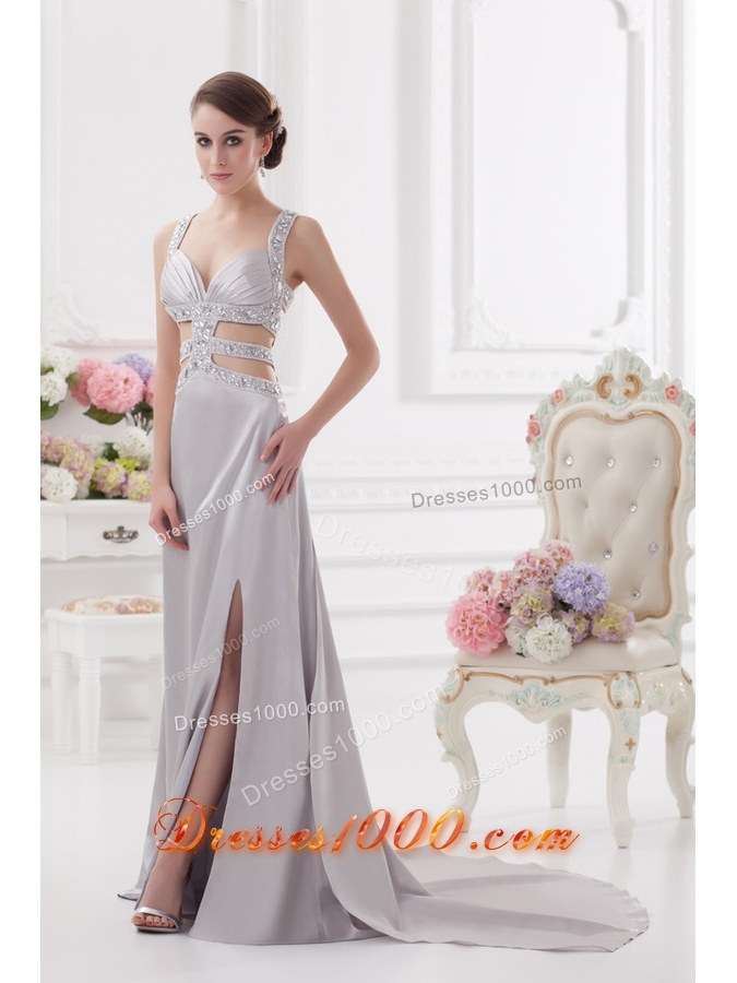 Straps High Slit Criss Cross Watteau Train Prom Dress in Light Grey