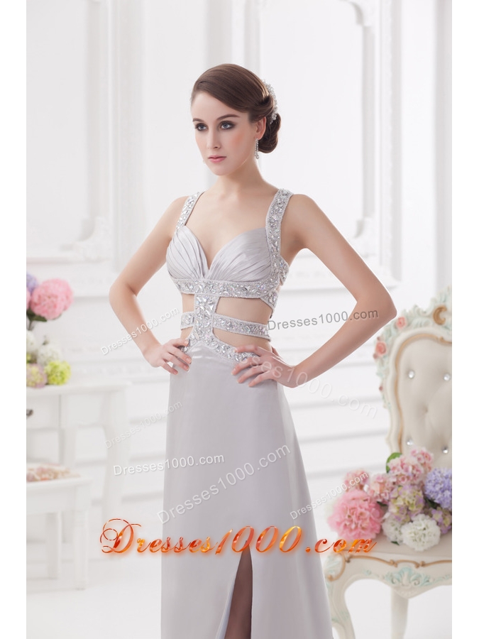 Straps High Slit Criss Cross Watteau Train Prom Dress in Light Grey