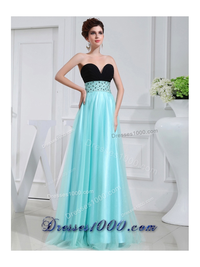 Column Beading Tulle Floor-length Strapless Aqua Blue Prom Dress