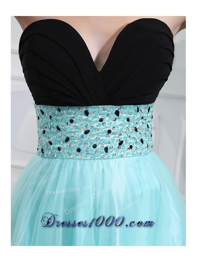 Column Beading Tulle Floor-length Strapless Aqua Blue Prom Dress