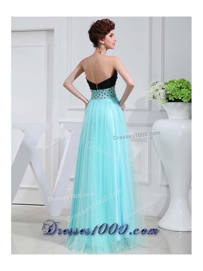 Column Beading Tulle Floor-length Strapless Aqua Blue Prom Dress