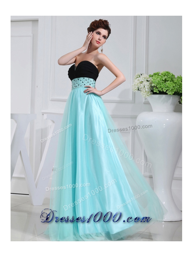 Column Beading Tulle Floor-length Strapless Aqua Blue Prom Dress