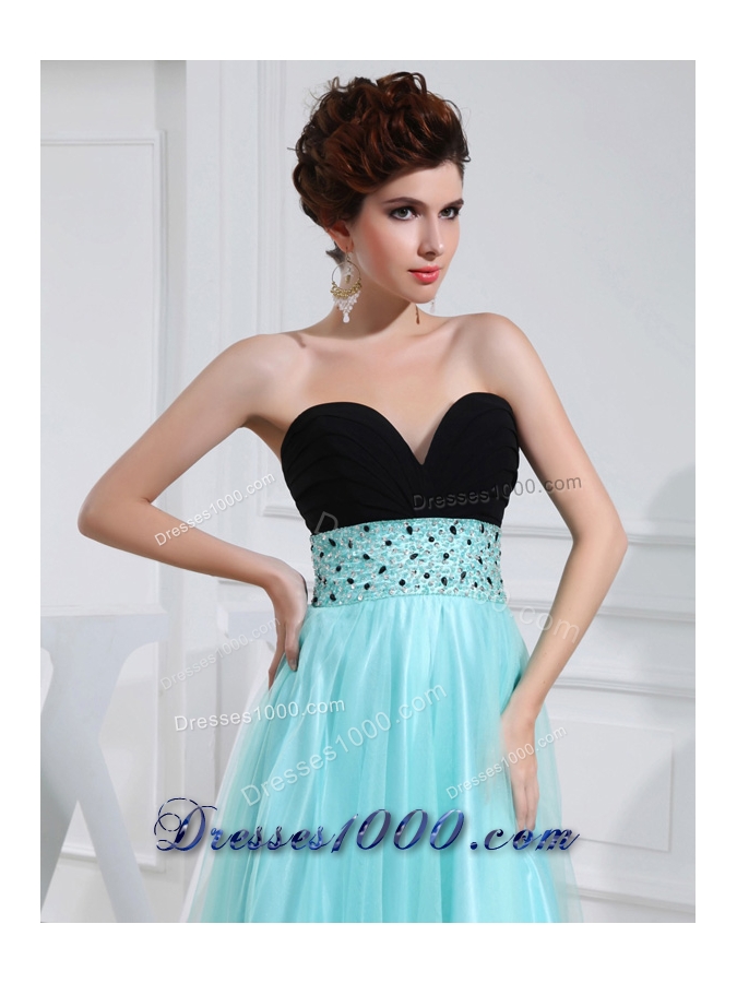 Column Beading Tulle Floor-length Strapless Aqua Blue Prom Dress