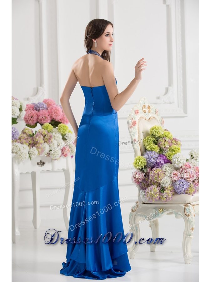 Column Blue Empire Halter Top Prom Dress with Beading and High Slit