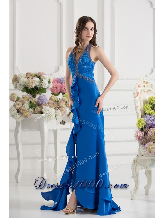 Column Blue Empire Halter Top Prom Dress with Beading and High Slit