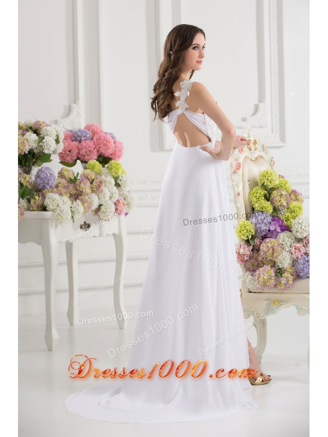 Empire White One Shoulder High Slit Brush Train Chiffon Prom Dress