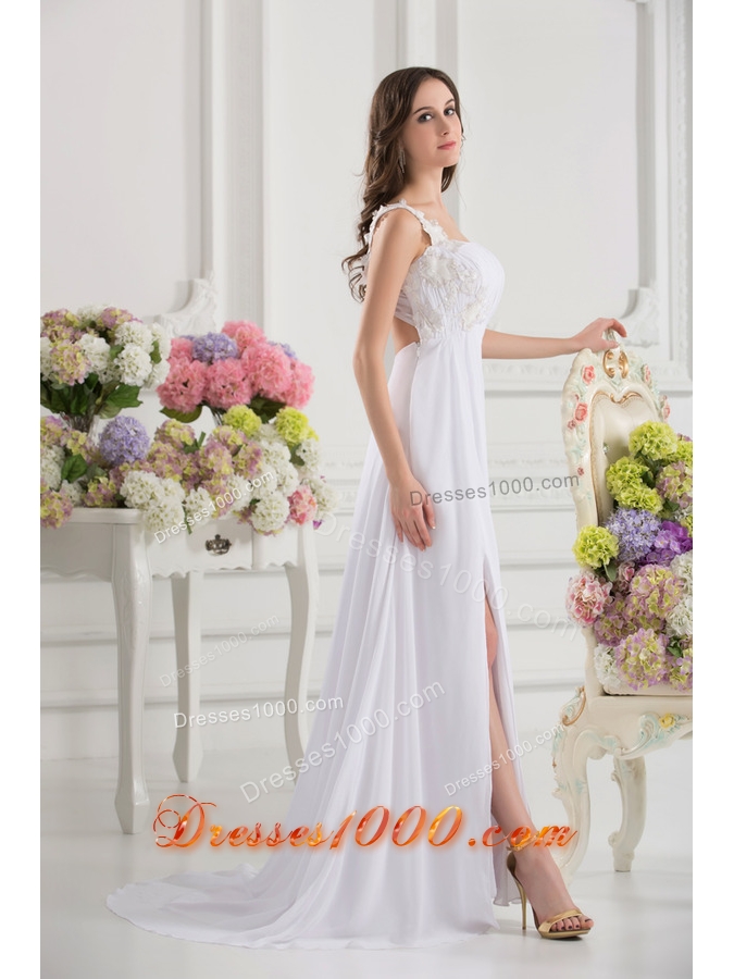Empire White One Shoulder High Slit Brush Train Chiffon Prom Dress