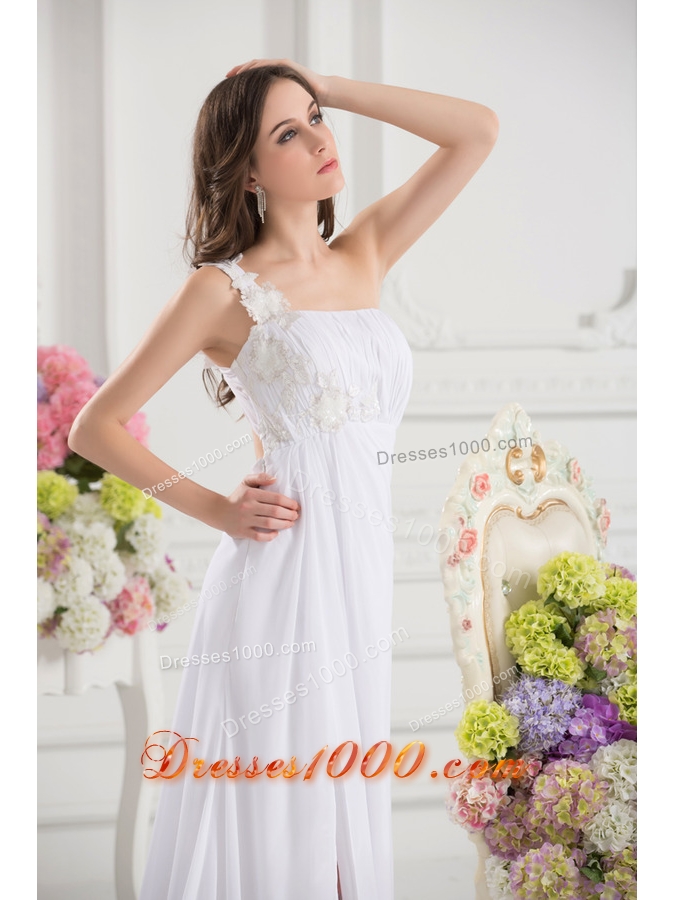 Empire White One Shoulder High Slit Brush Train Chiffon Prom Dress