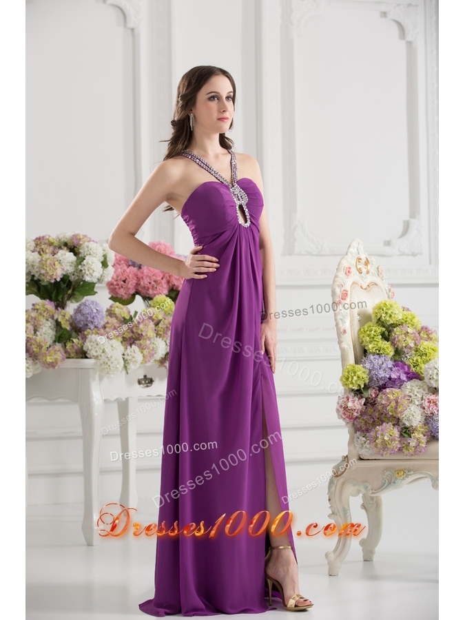 Purple Empire Halter Top Beading Ruching Chiffon Prom Dress