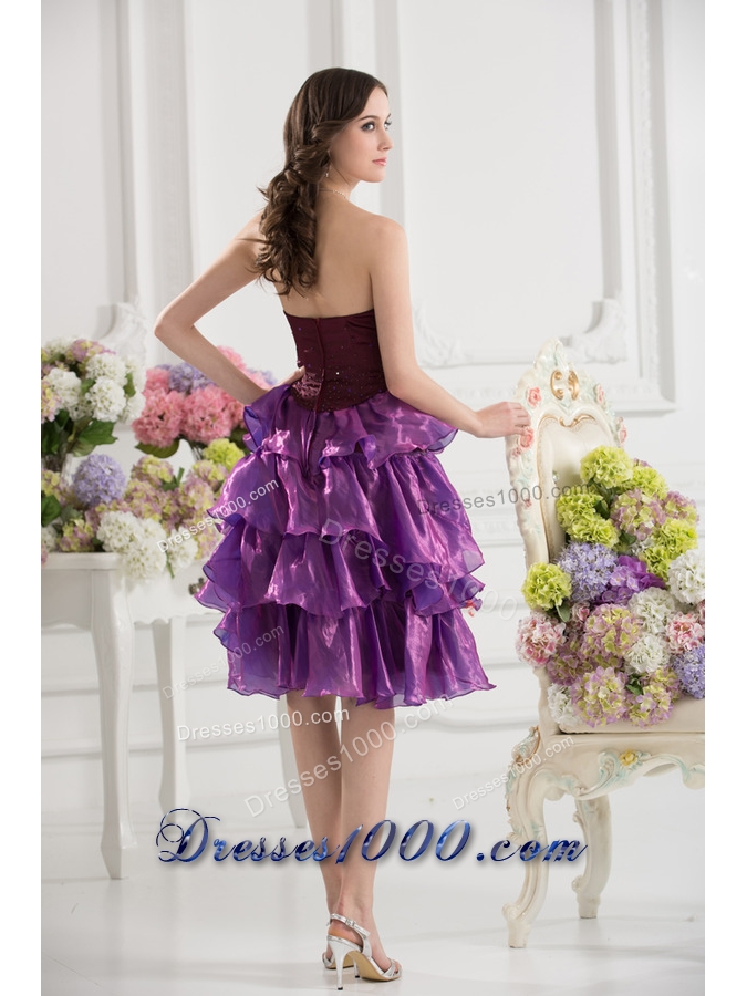 A-line Strapless Organza Beading Ruffled Layers Dark Viole Prom Dress