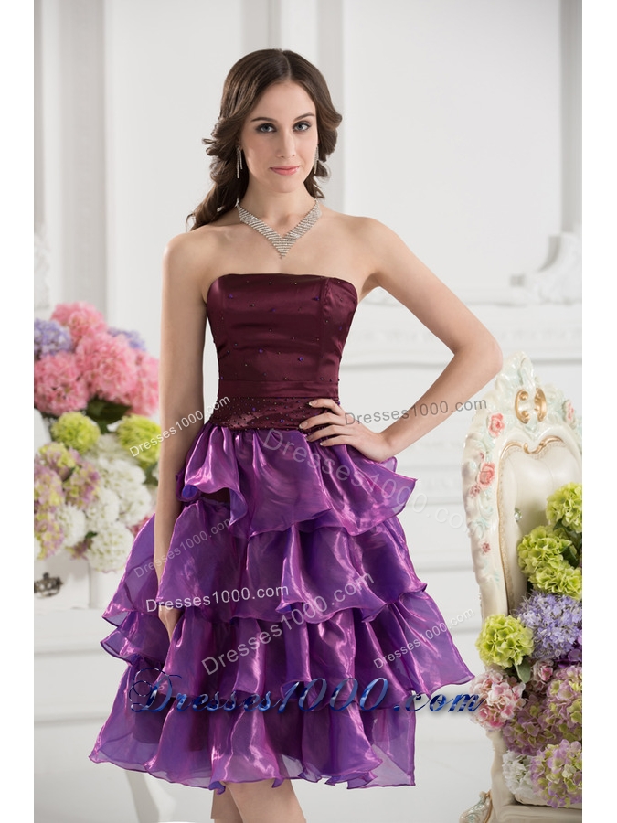 A-line Strapless Organza Beading Ruffled Layers Dark Viole Prom Dress