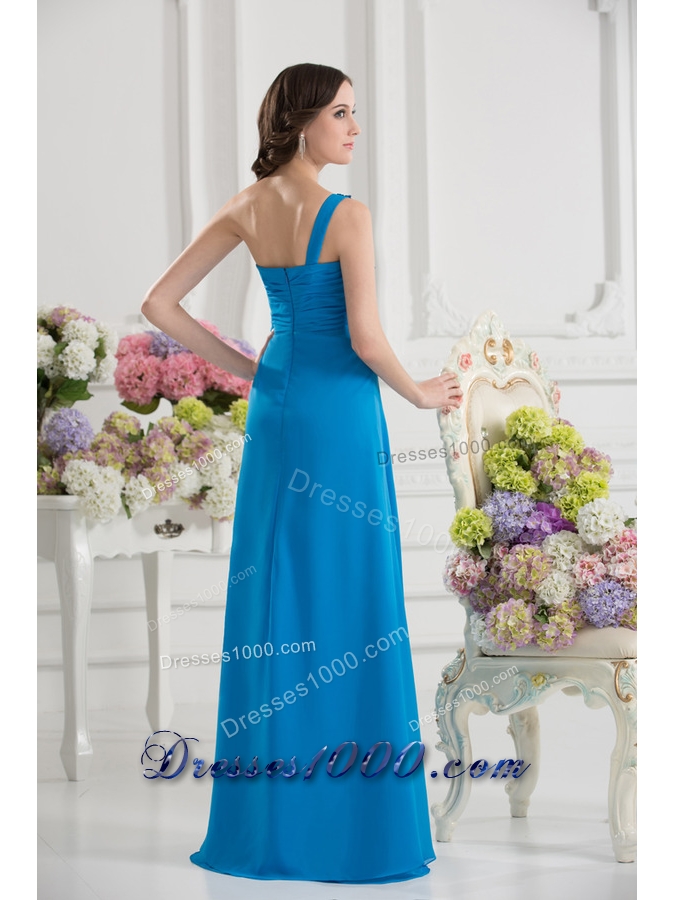Empire One Shoulder Chiffon Appliques Ruching Dodger Blue Prom Dress