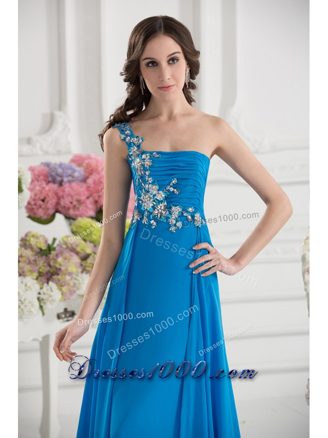 Empire One Shoulder Chiffon Appliques Ruching Dodger Blue Prom Dress