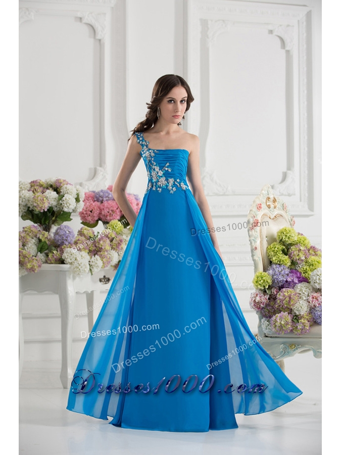 Empire One Shoulder Chiffon Appliques Ruching Dodger Blue Prom Dress