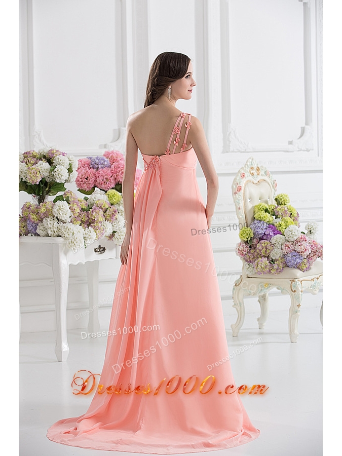 Peach Empire Brush Train Prom Dress with Ruching and Appliques