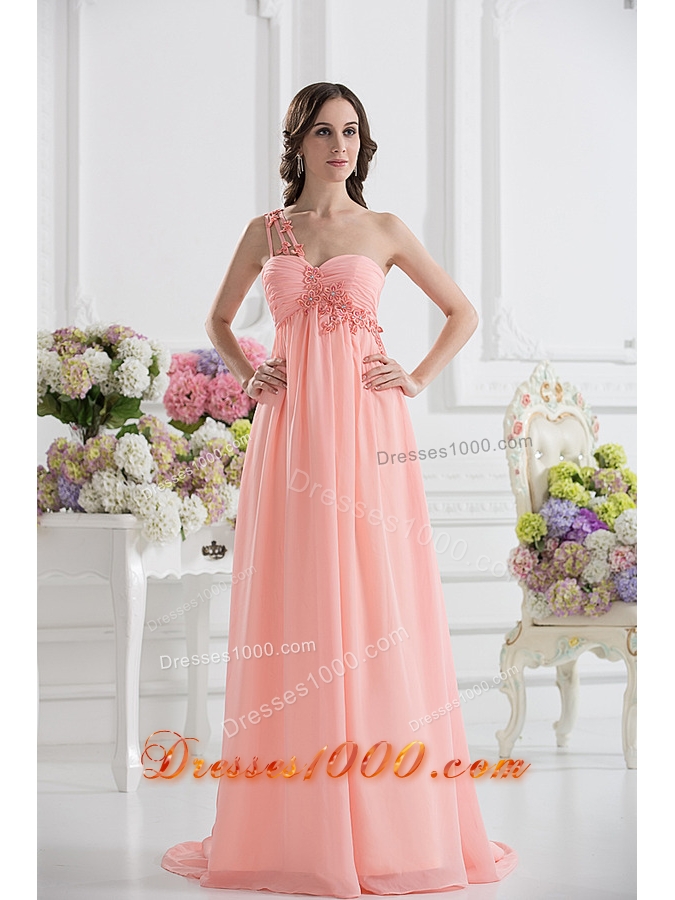 Peach Empire Brush Train Prom Dress with Ruching and Appliques