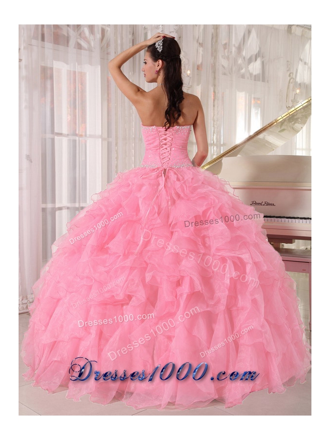 Baby Pink Ball Gown Strapless Floor-length Organza Beading Fashionable Quinceanera Dress