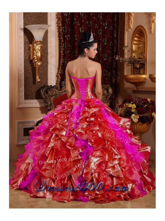Ball Gown Strapless Ruffles and Beading Embroidery Red Discount Quinceanera Dress