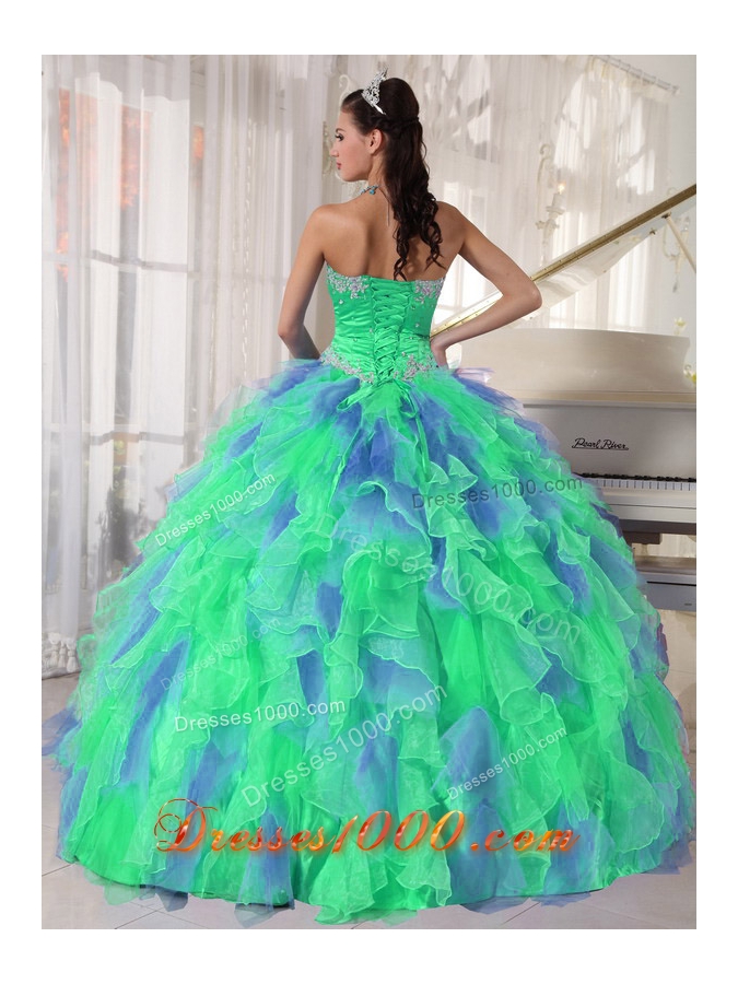 Green and Blue Sweetehart Ruffles and Appliques Discount Quinceanera Dress